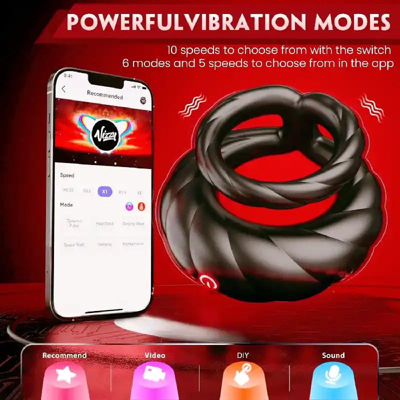 Anneau Pénien Vibrant Homme avec 10 Modes pour Couples